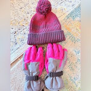 Pink Knit Pom Beanie and Pink/Gray Winter Gloves Set